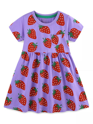 Purple cotton blend toddler dress with allover red strawberry print and chest pocket.