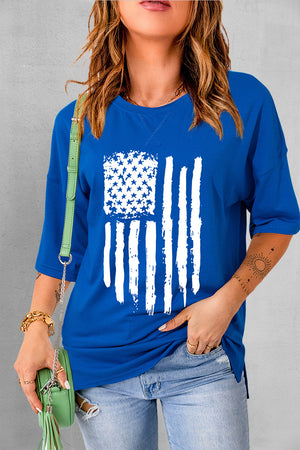 Cobalt blue distressed flag tee with crew neck and 3/4 sleeves.