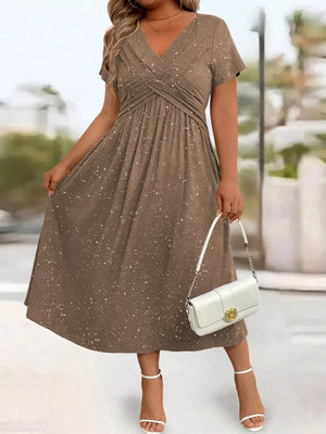 Full Size Glitter Flutter Sleeve Midi Dress Plus Size in Silver Gray, editorial view