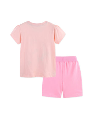 Pink cotton toddler t-shirt with puff sleeves and matching pink shorts with elastic waistband.