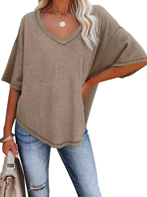 Waffle knit relaxed v-neck t-shirt in Khaki Color with short sleeves.