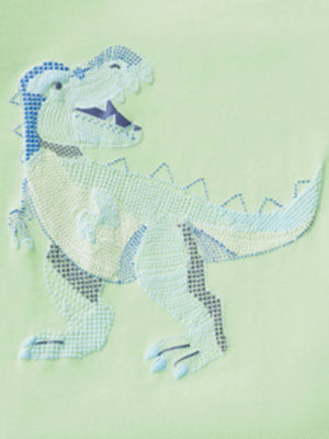 Children's light green cotton tee with blue dinosaur embroidery detail