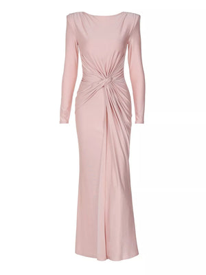 Pink ruched long sleeve maxi dress with boat neckline and knot detail