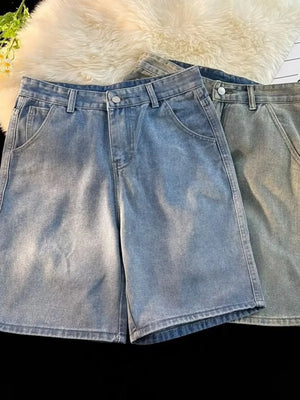Men's Air Force Blue high-waisted wide-leg denim shorts with front pockets.