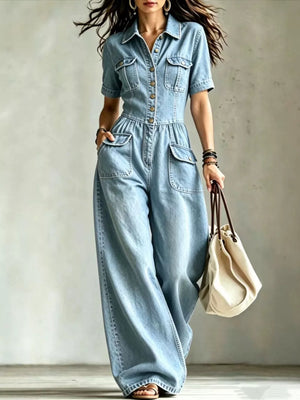 Denim Wide-leg Jumpsuit With Chest Pockets in Black, front view