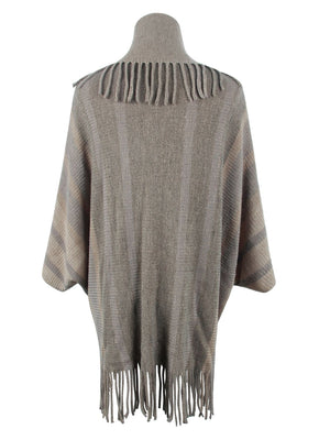 Textured knit capelet in Khaki with fringe detail and striped sleeves.