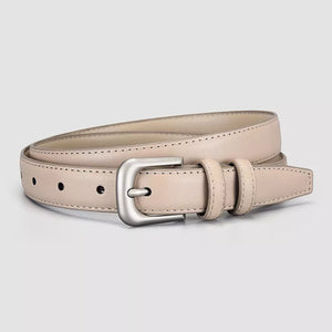 Khaki cowhide leather belt with silver buckle and stitched detail