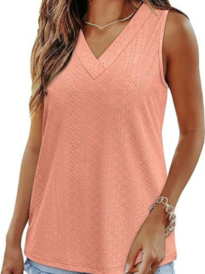 Sleeveless V-neck tank top in dusty pink with eyelet detail and textured pattern.