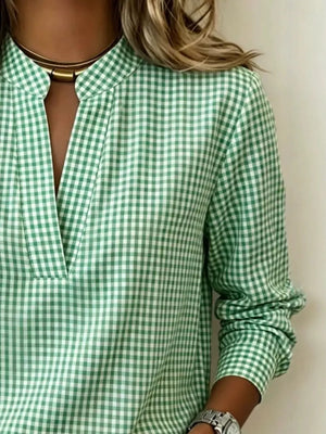 Full Size Plaid Notched Long Sleeve Blouse, back view