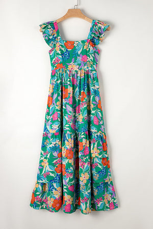 Green floral ruffle-sleeve tiered midi dress with square neckline