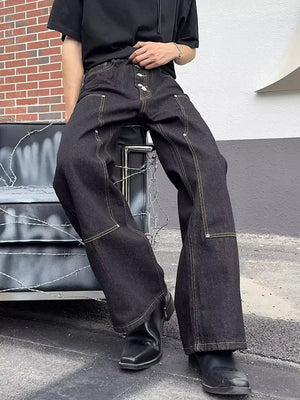 Classic vintage wide leg jeans for him in dark wash cotton with contrast stitching.