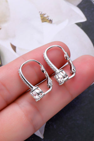 Silver pavé-set moissanite leverback earrings with a central square-cut stone.