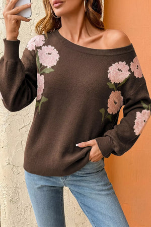 Floral Print Drop Shoulder Relaxed Sweater in Dark Brown, front view