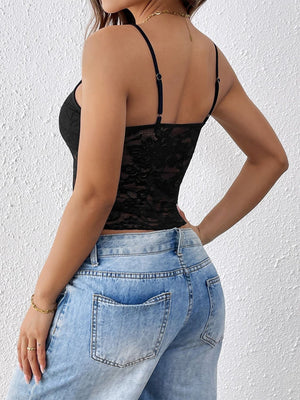 Black lace bustier cami with sheer panel and adjustable spaghetti straps.