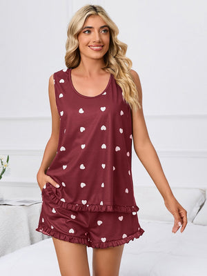 Burgundy heart print loungewear set with ruffled hem shorts and sleeveless top
