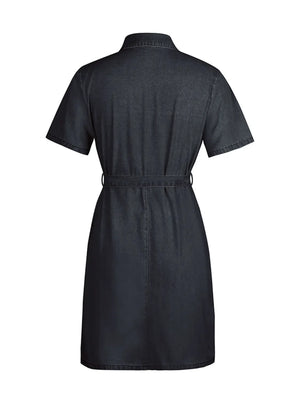 Belted denim shirtdress in dark gray with short sleeves and a collared neckline.
