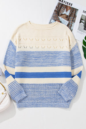 Light blue striped knit sweater with eyelet yoke detail and crew neck.