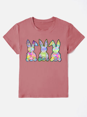 Dusty pink t-shirt with three colorful pastel bunny silhouettes printed on the front.