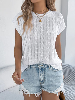 White cable knit sleeveless crew top with textured pattern.