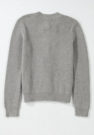 Gray ribbed knit cardigan with long sleeves and a mock neckline.