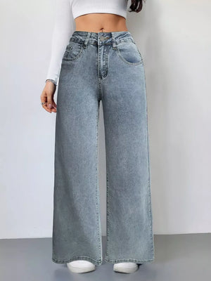 Light wash denim wide-leg high-waist jeans with a relaxed fit.