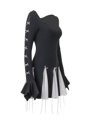 Black mini dress with white lace-up sleeves and tiered skirt with bowknot details.