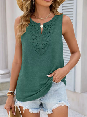 Dark Green sleeveless tank top with lace trim neckline detail