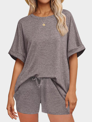 Gray relaxed fit tee and shorts co-ord set with drawstring shorts.