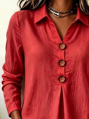 Button Detail Long Sleeve Blouse in Light Blue, fit detail