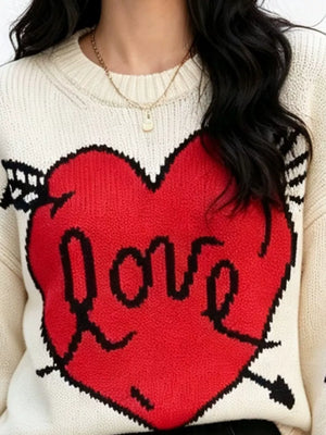 Heart Round Neck Ribbed Sweater in Pink, side view