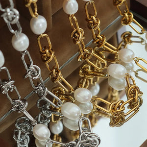 Gold and silver knot link bracelets with pearls