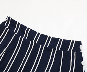 Dark blue vertical stripe palazzo trousers with button detail