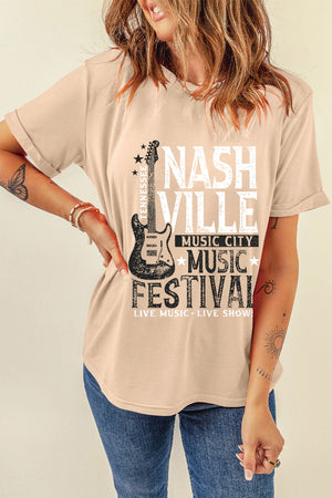 Tan Nashville Music Festival graphic tee with guitar and distressed text.