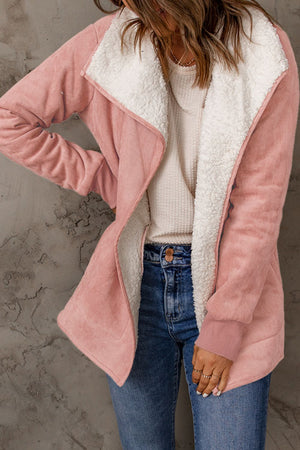 Blush pink suede-effect jacket with sherpa collar and lining, open front, long sleeves.