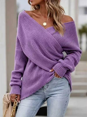 Crisscross Ribbed Knit Long Sleeve Sweater in Black, front view