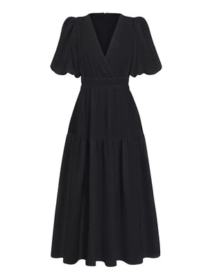 Elegant Puff Sleeve V-neck Midi Dress in Black, view 11