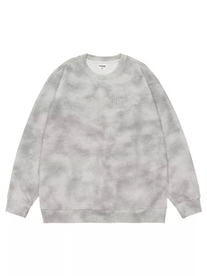 Oversized sweatshirt in white gray tie-dye with embroidered text detail.