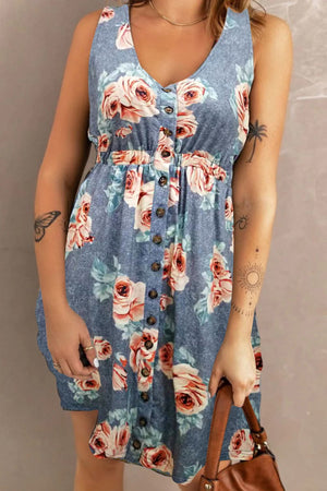 Sleeveless floral midi dress in Misty Blue with button-down front and elastic waist.