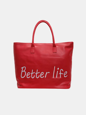 Scarlet tote bag with white Better Life graphic and double handles.