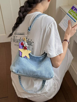 Star Charm Denim Shoulder Bag in Medium, side view