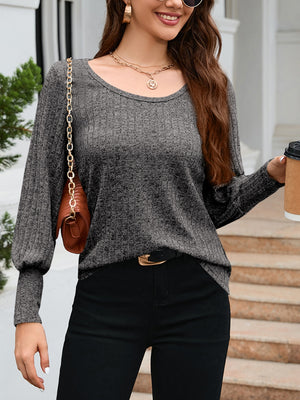 Charcoal scoop neck knit sweater with balloon sleeves and ribbed texture.