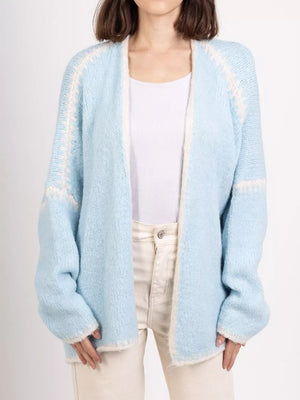 Light blue oversized cardigan with contrast trim and textured sleeves.