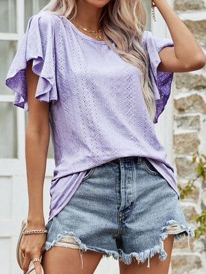 Lavender eyelet blouse with flutter sleeves and textured pattern.