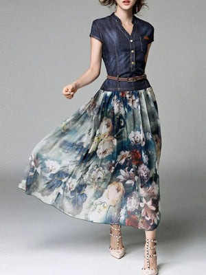 Patchwork floral chiffon maxi dress with denim bodice, button-down front, and short sleeves.