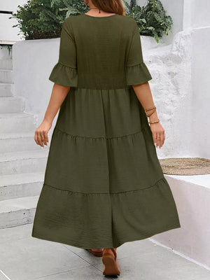Army green crinkled midi dress with ruffle sleeves and tiered skirt