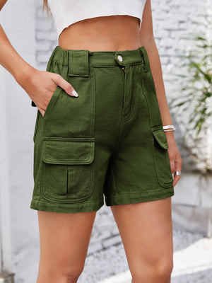 Army green denim cargo shorts with high waist and utility pockets.