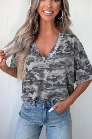 Camouflage v-neck relaxed tee with a silver trim, short sleeves.