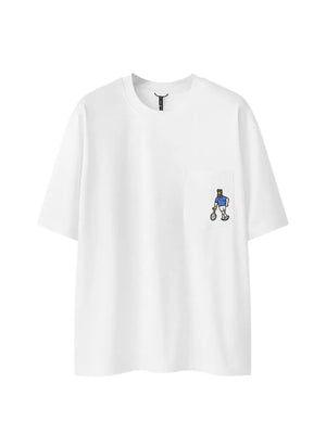 White cotton blend crew neck t-shirt with embroidered tennis player on pocket.