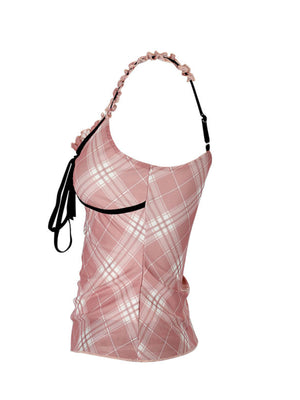 Plaid ruffle trim tank top with black ribbon tie detail