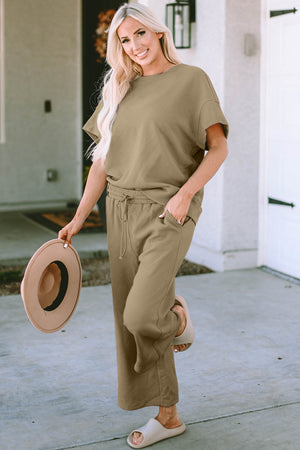 Textured knit tee and wide leg pants set in Khaki with a drawstring waist and pockets.